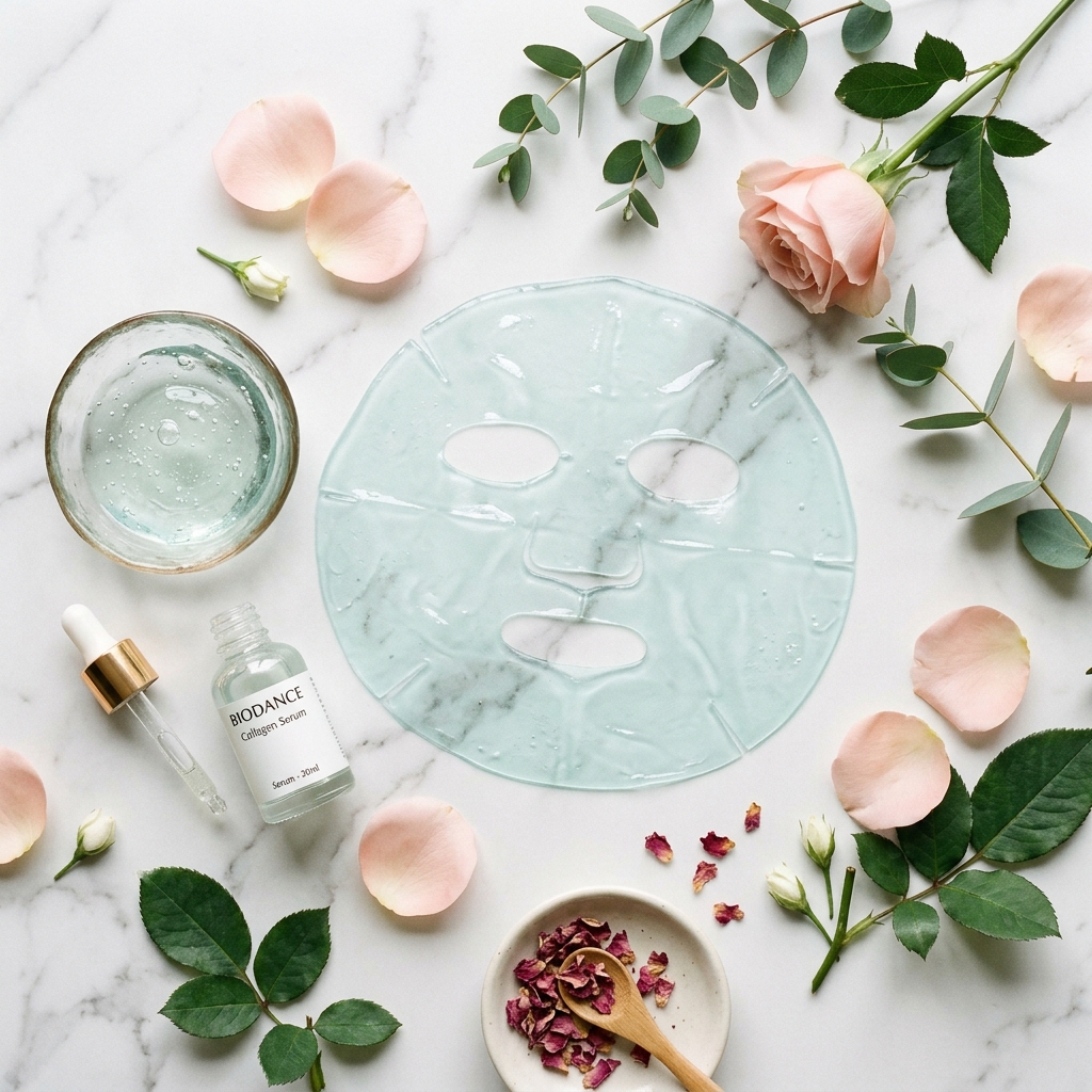 BIODANCE Bio-Collagen Real Deep Mask flat lay on marble surface